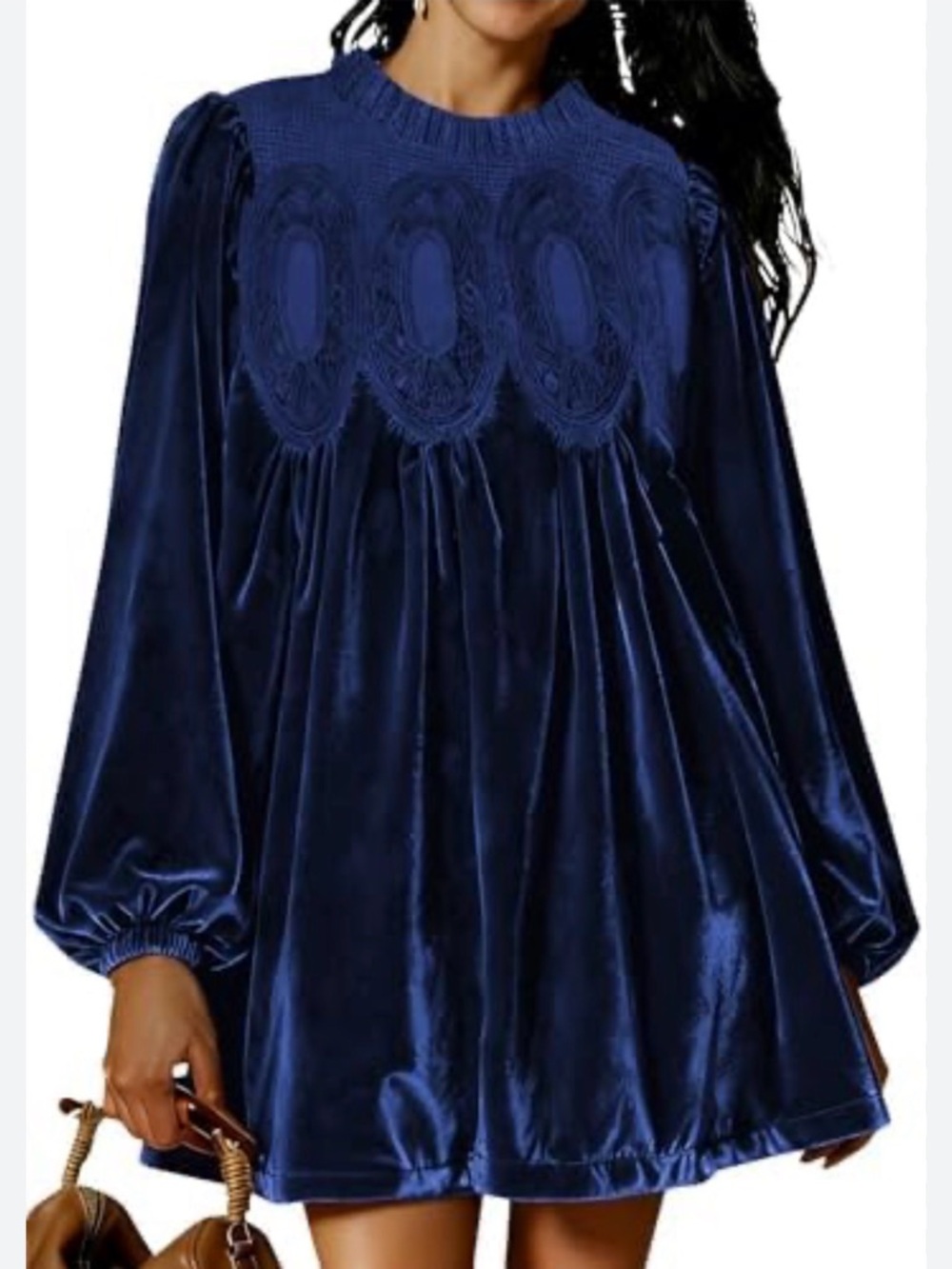 Velvet Navy Blue Long Sleeve Babydoll Dress
